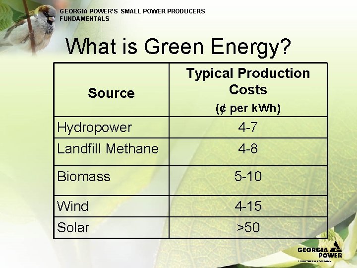 GEORGIA POWER’S SMALL POWER PRODUCERS FUNDAMENTALS What is Green Energy? Source Typical Production Costs