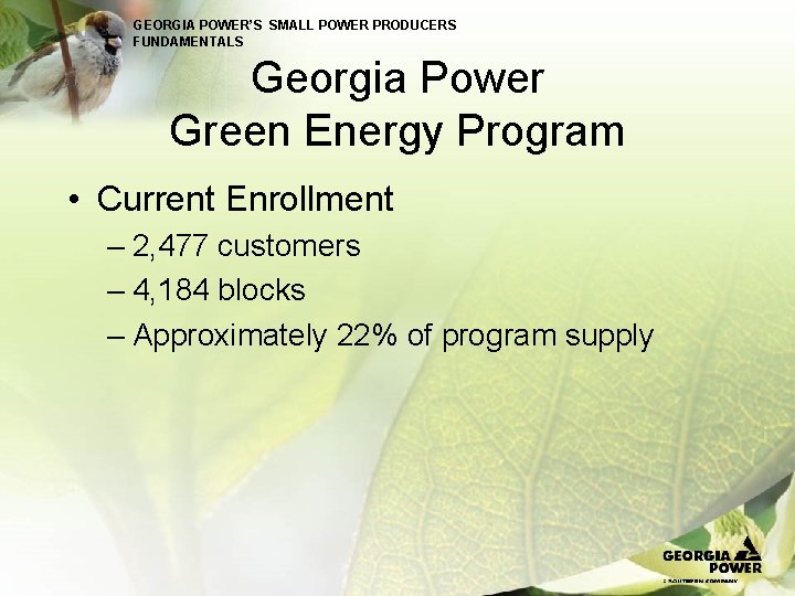 GEORGIA POWER’S SMALL POWER PRODUCERS FUNDAMENTALS Georgia Power Green Energy Program • Current Enrollment