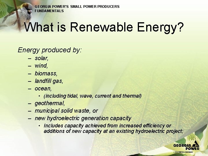 GEORGIA POWER’S SMALL POWER PRODUCERS FUNDAMENTALS What is Renewable Energy? Energy produced by: –