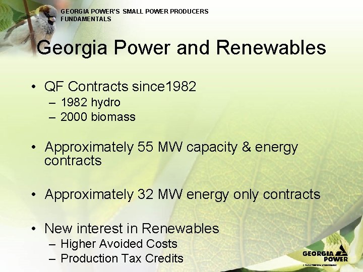 GEORGIA POWER’S SMALL POWER PRODUCERS FUNDAMENTALS Georgia Power and Renewables • QF Contracts since