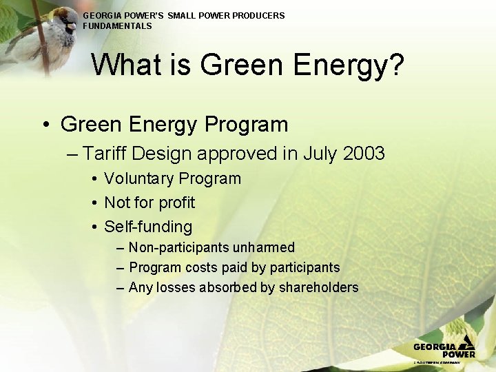 GEORGIA POWER’S SMALL POWER PRODUCERS FUNDAMENTALS What is Green Energy? • Green Energy Program