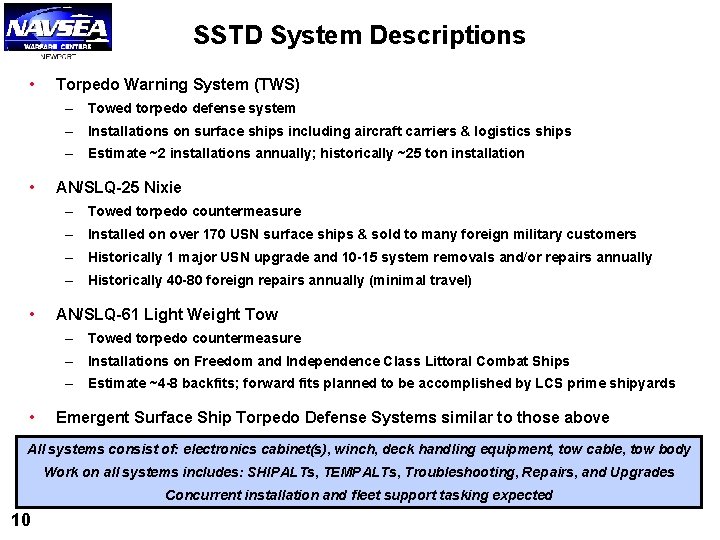 SSTD System Descriptions • Torpedo Warning System (TWS) – Towed torpedo defense system – SSTD System Descriptions • Torpedo Warning System (TWS) – Towed torpedo defense system –