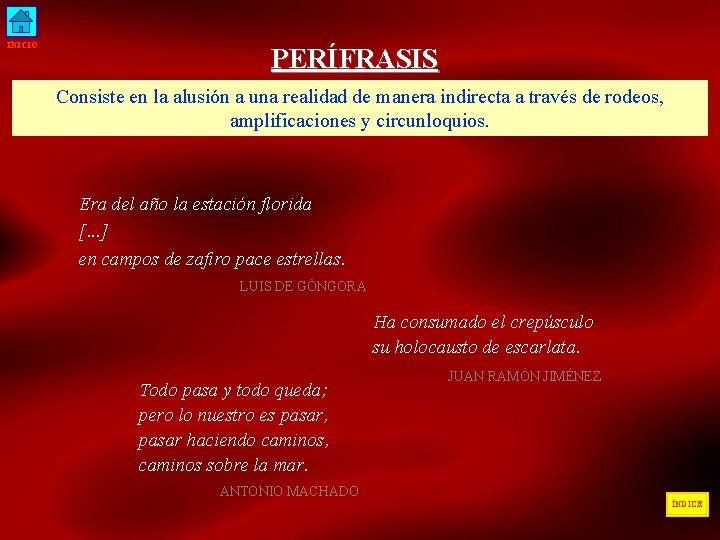 INICIO PERÍFRASIS Consiste en la alusión a una realidad de manera indirecta a través