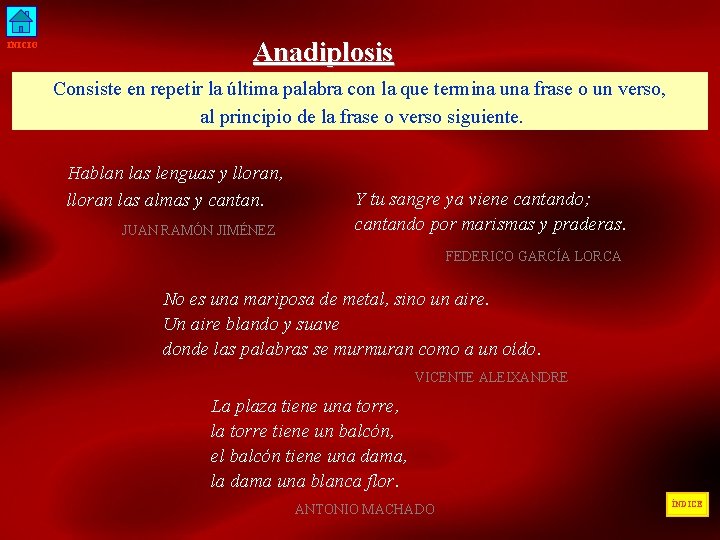 INICIO Anadiplosis Consiste en repetir la última palabra con la que termina una frase