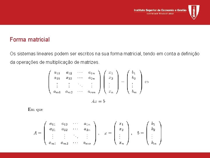 Forma matricial Os sistemas lineares podem ser escritos na sua forma matricial, tendo em