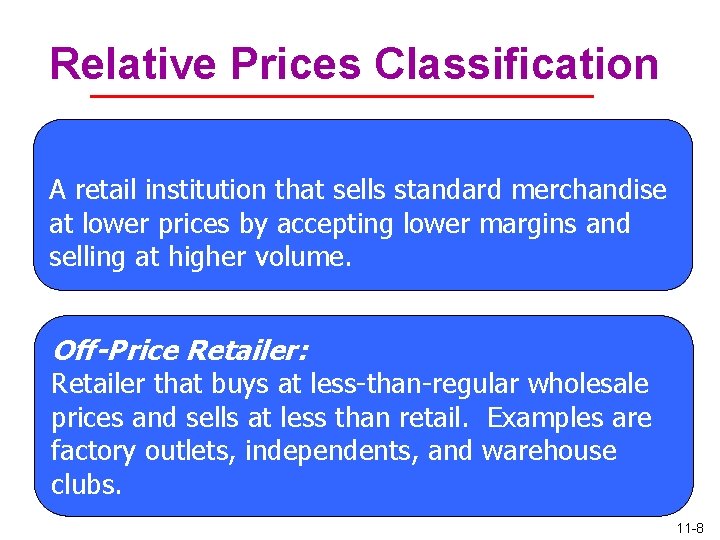 Relative Prices Classification A retail institution that sells standard merchandise at lower prices by