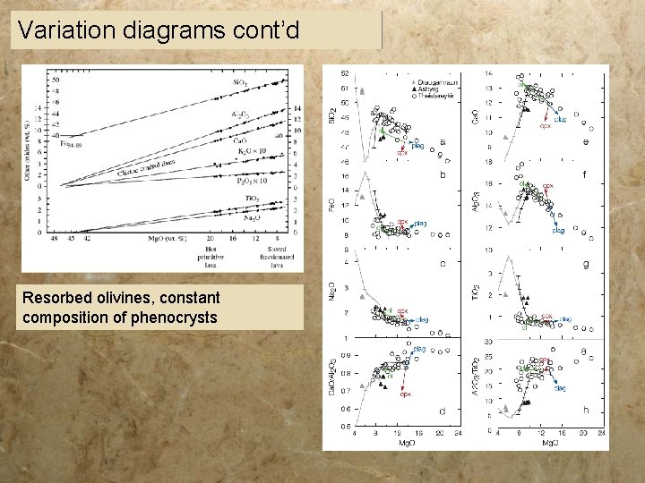 Variation diagrams cont’d Resorbed olivines, constant composition of phenocrysts 