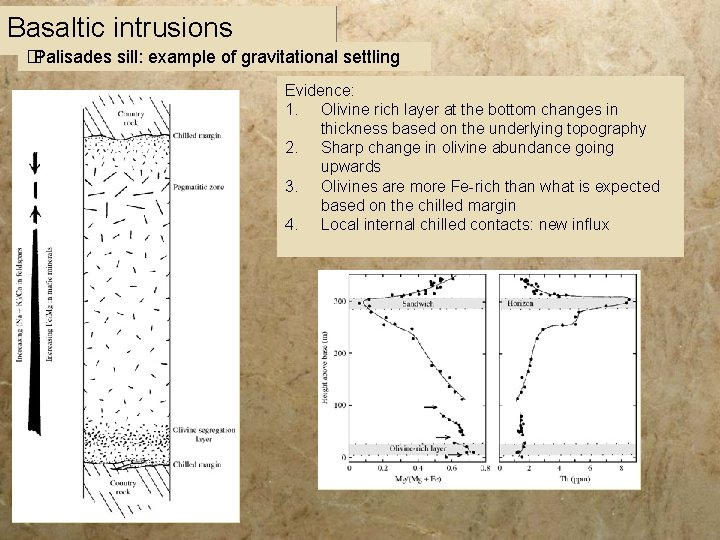 Basaltic intrusions � Palisades sill: example of gravitational settling Evidence: 1. Olivine rich layer