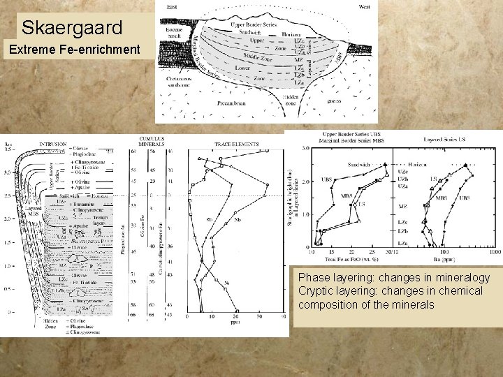 Skaergaard Extreme Fe-enrichment Phase layering: changes in mineralogy Cryptic layering: changes in chemical composition