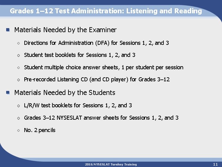 Grades 1– 12 Test Administration: Listening and Reading Materials Needed by the Examiner Directions