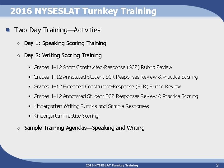 2016 NYSESLAT Turnkey Training Two Day Training—Activities Day 1: Speaking Scoring Training Day 2: