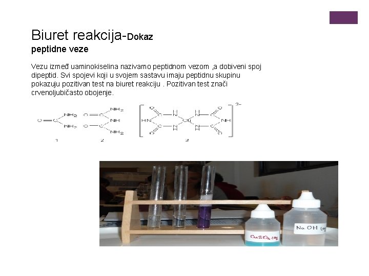 Biuret reakcija-Dokaz peptidne veze Vezu izmeđ uaminokiselina nazivamo peptidnom vezom , a dobiveni spoj