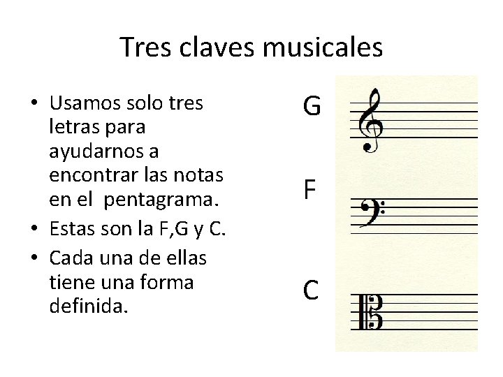 Tres claves musicales • Usamos solo tres letras para ayudarnos a encontrar las notas