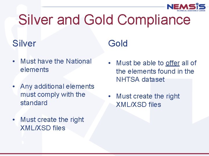 Silver and Gold Compliance Silver Gold • Must have the National elements • Must