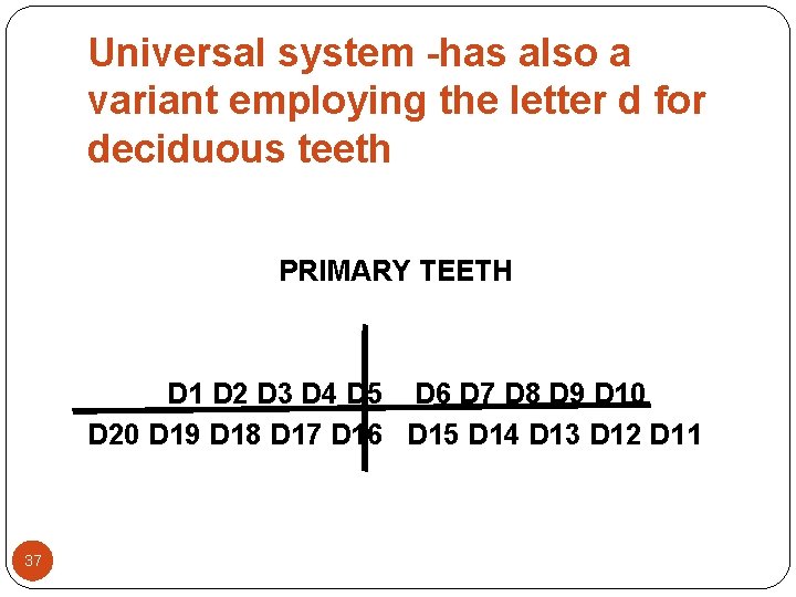 Universal system -has also a variant employing the letter d for deciduous teeth PRIMARY Universal system -has also a variant employing the letter d for deciduous teeth PRIMARY