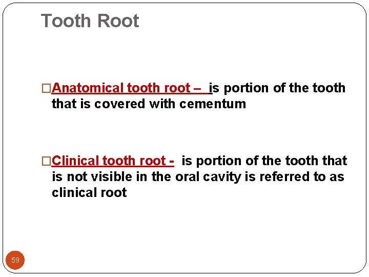 Tooth Root �Anatomical tooth root – is portion of the tooth that is covered Tooth Root �Anatomical tooth root – is portion of the tooth that is covered