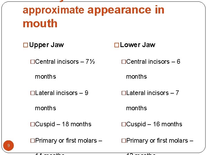 approximate appearance in mouth � Upper Jaw �Central incisors – 7½ months �Lateral incisors approximate appearance in mouth � Upper Jaw �Central incisors – 7½ months �Lateral incisors