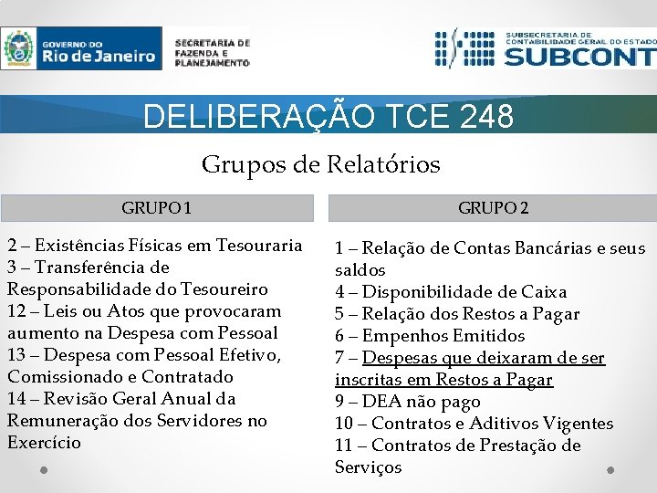 DELIBERAÇÃO TCE 248 Grupos de Relatórios GRUPO 1 GRUPO 2 2 – Existências Físicas DELIBERAÇÃO TCE 248 Grupos de Relatórios GRUPO 1 GRUPO 2 2 – Existências Físicas