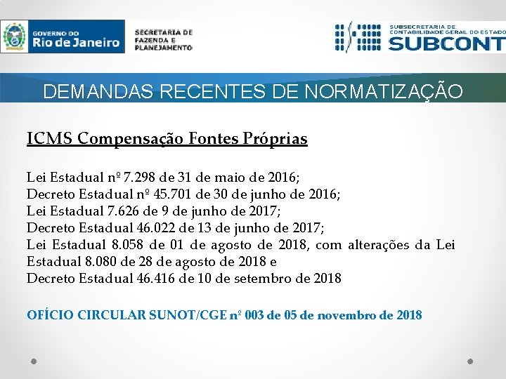 DEMANDAS RECENTES DE NORMATIZAÇÃO ICMS Compensação Fontes Próprias Lei Estadual nº 7. 298 de DEMANDAS RECENTES DE NORMATIZAÇÃO ICMS Compensação Fontes Próprias Lei Estadual nº 7. 298 de