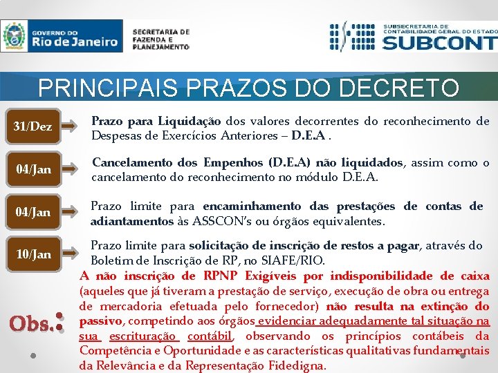 PRINCIPAIS PRAZOS DO DECRETO 31/Dez Prazo para Liquidação dos valores decorrentes do reconhecimento de