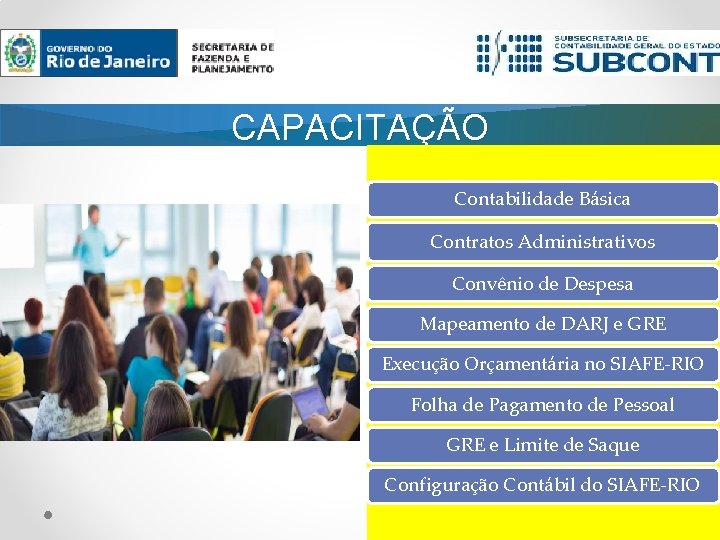 CAPACITAÇÃO Contabilidade Básica Contratos Administrativos Convênio de Despesa Mapeamento de DARJ e GRE Execução