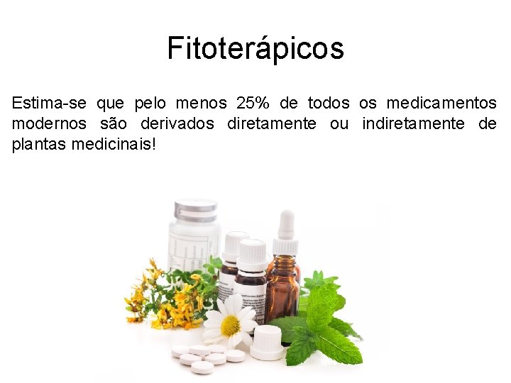 Fitoterápicos Estima-se que pelo menos 25% de todos os medicamentos modernos são derivados diretamente