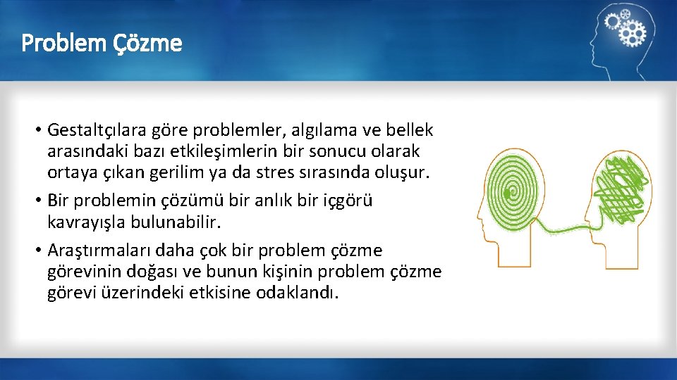 Problem Çözme • Gestaltçılara göre problemler, algılama ve bellek arasındaki bazı etkileşimlerin bir sonucu