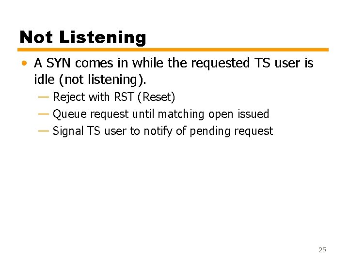 Not Listening • A SYN comes in while the requested TS user is idle