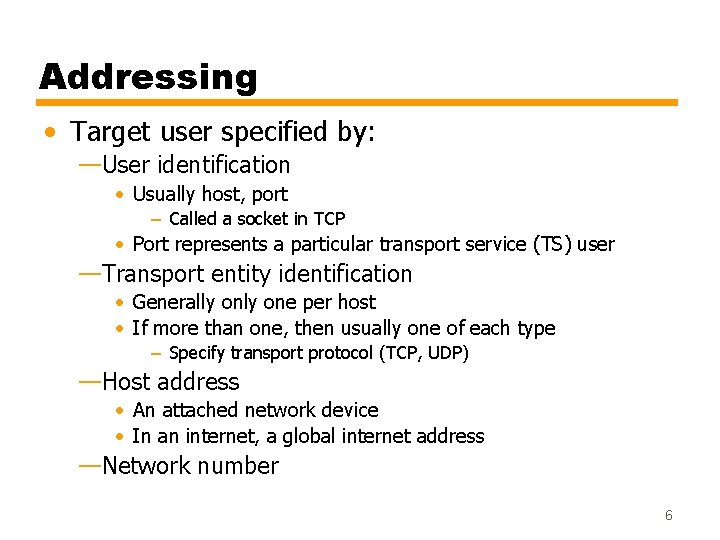 Addressing • Target user specified by: —User identification • Usually host, port – Called