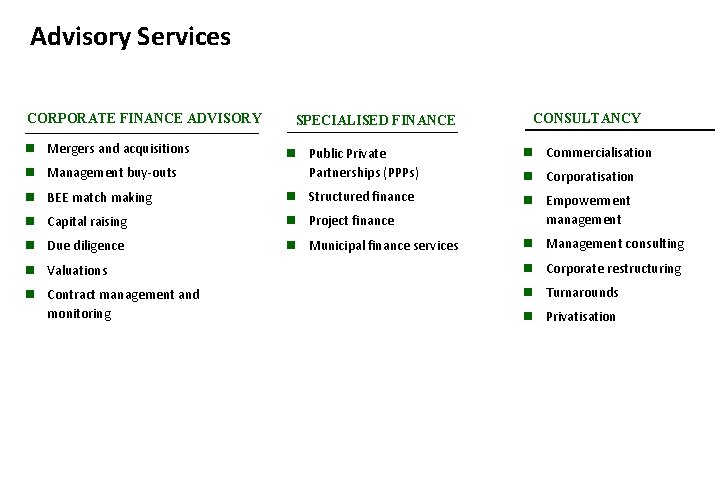 Advisory Services CORPORATE FINANCE ADVISORY n Mergers and acquisitions n Management buy-outs SPECIALISED FINANCE