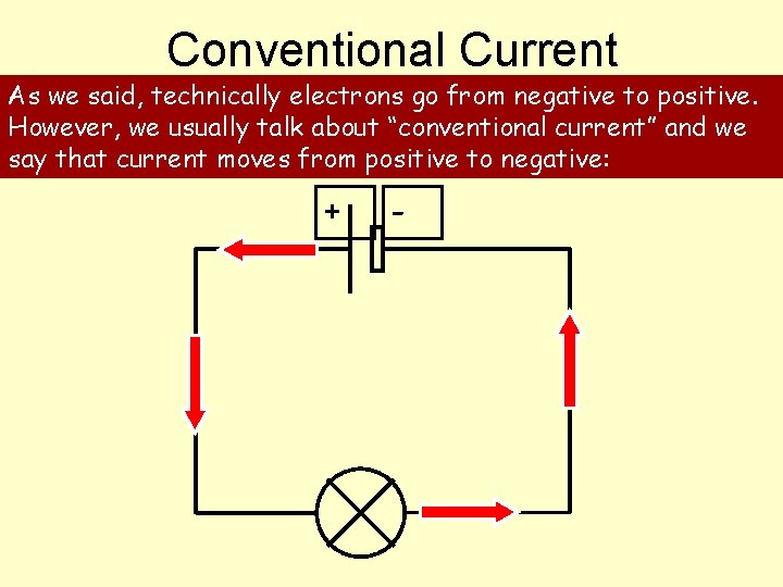 Conventional Current As we said, technically electrons go from negative to positive. However, we