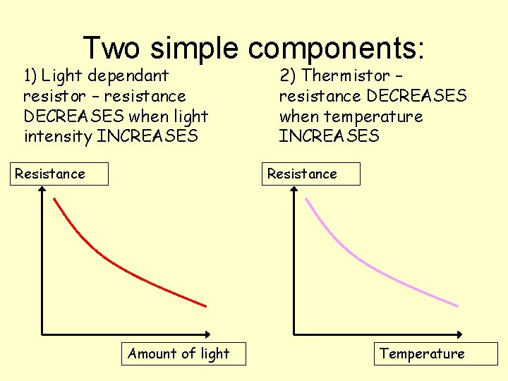 Two simple components: 1) Light dependant resistor – resistance DECREASES when light intensity INCREASES