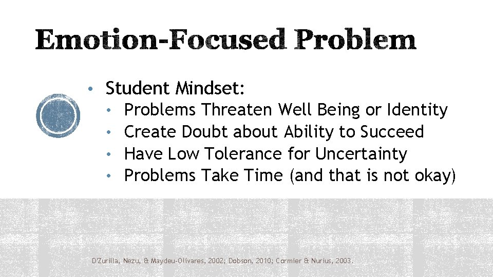  • Student Mindset: • • Problems Threaten Well Being or Identity Create Doubt