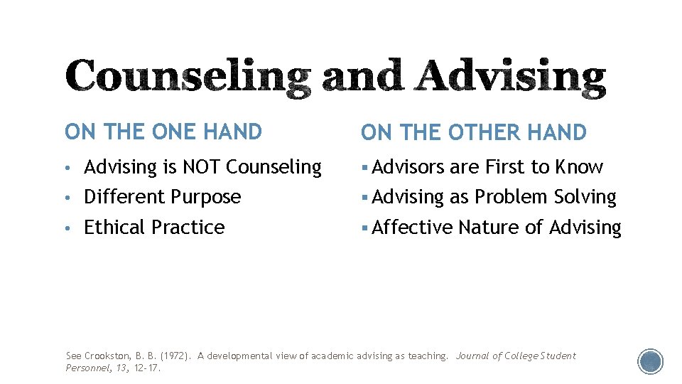 ON THE ONE HAND ON THE OTHER HAND • Advising is NOT Counseling §
