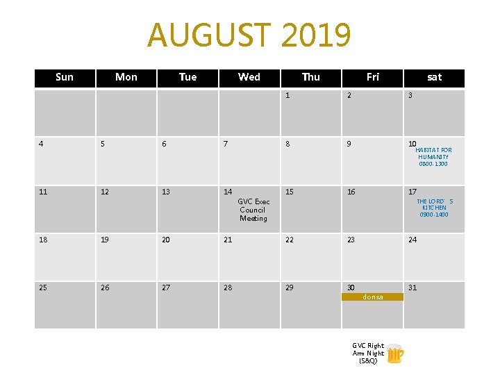 AUGUST 2019 Sun Mon Tue Wed Thu Fri sat 1 2 3 4 5
