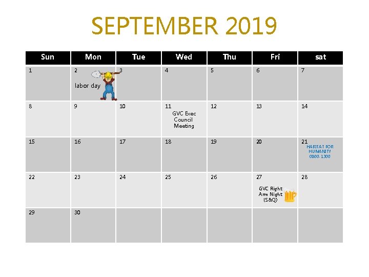 SEPTEMBER 2019 Sun 1 Mon 2 Tue Wed Thu Fri sat 3 4 5