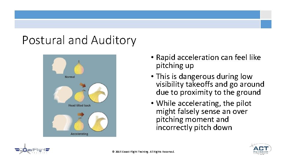 Postural and Auditory • Rapid acceleration can feel like pitching up • This is