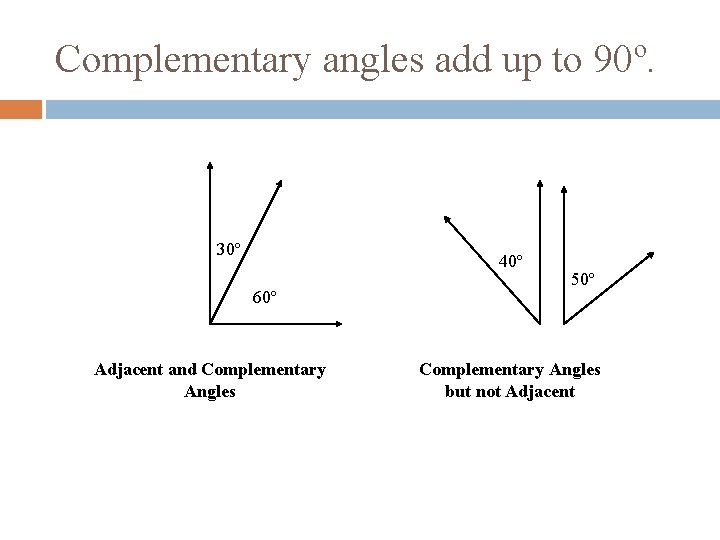 Complementary angles add up to 90º. 30º 40º 60º Adjacent and Complementary Angles 50º