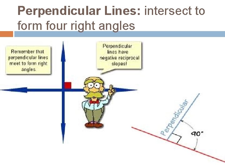 Perpendicular Lines: intersect to form four right angles 