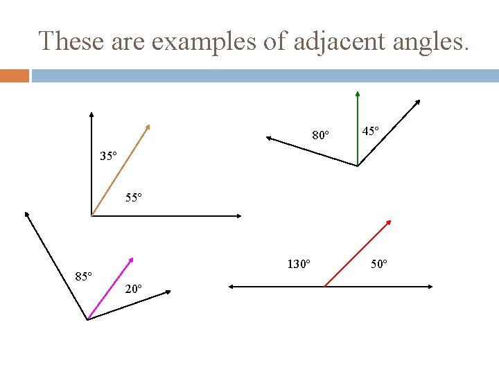 These are examples of adjacent angles. 80º 45º 35º 55º 85º 130º 20º 50º