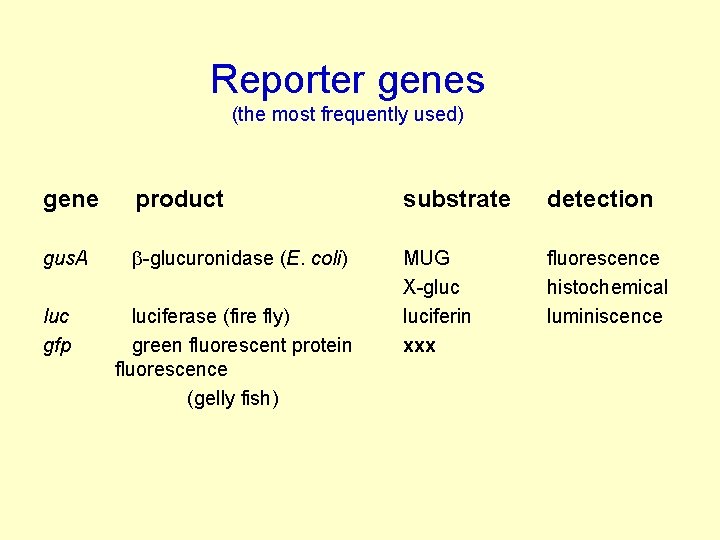 Reporter genes (the most frequently used) gene product substrate detection gus. A b-glucuronidase (E.