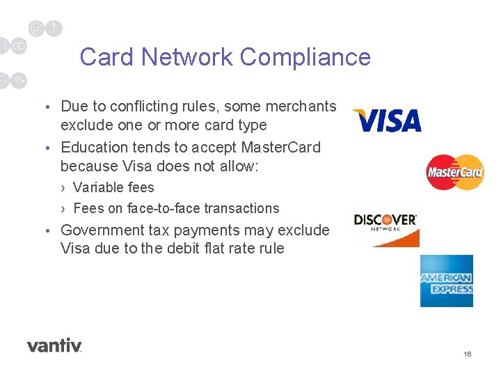 Card Network Compliance • Due to conflicting rules, some merchants exclude one or more