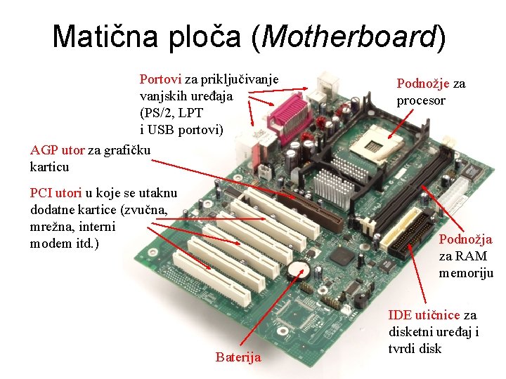 Matična ploča (Motherboard) Portovi za priključivanje vanjskih uređaja (PS/2, LPT i USB portovi) AGP