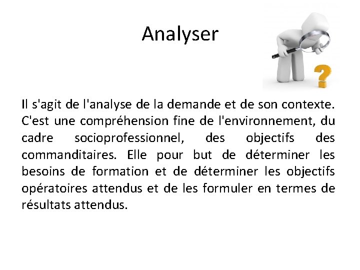 Analyser Il s'agit de l'analyse de la demande et de son contexte. C'est une