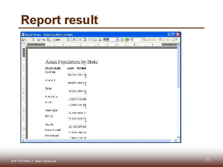 Report result GIS TUTORIAL 1 - Basic Workbook 32 