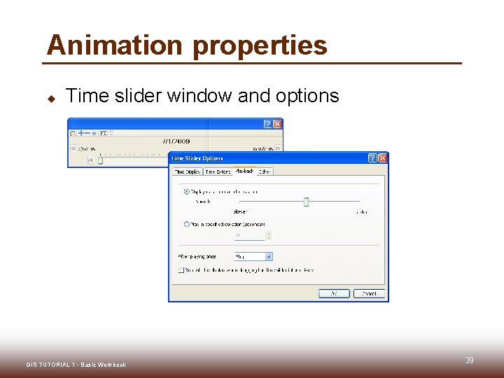 Animation properties u Time slider window and options GIS TUTORIAL 1 - Basic Workbook