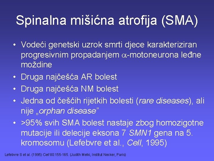 Spinalna mišićna atrofija (SMA) • Vodeći genetski uzrok smrti djece karakteriziran progresivnim propadanjem -motoneurona