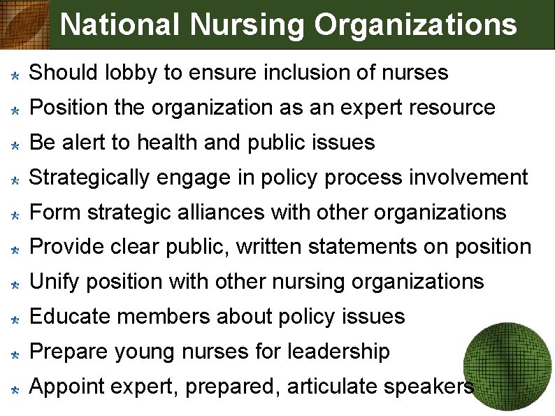 National Nursing Organizations Should lobby to ensure inclusion of nurses Position the organization as