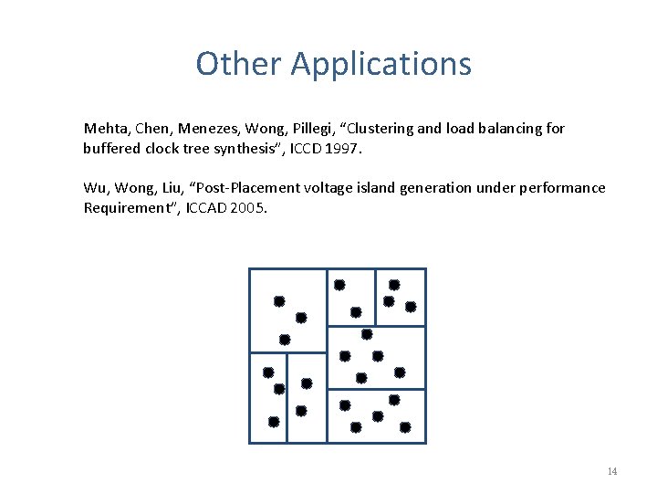 Other Applications Mehta, Chen, Menezes, Wong, Pillegi, “Clustering and load balancing for buffered clock