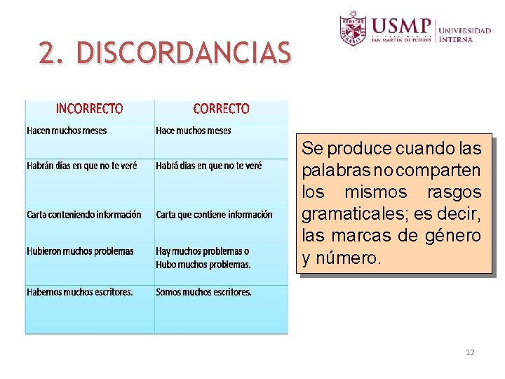 2. DISCORDANCIAS Se produce cuando las palabras no comparten los mismos rasgos gramaticales; es 2. DISCORDANCIAS Se produce cuando las palabras no comparten los mismos rasgos gramaticales; es